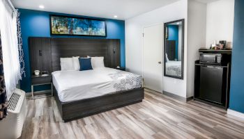 The image shows a modern hotel room with a large bed, a wall-mounted painting, a mirror, a mini-fridge, and a microwave on a wooden floor.