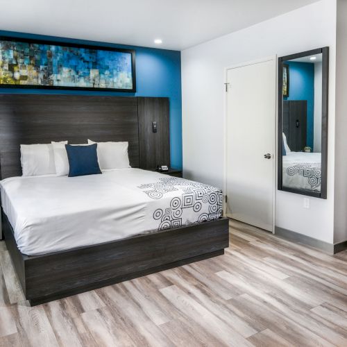 The image shows a modern hotel room with a double bed, a nightstand, a wall-mounted TV, a mirror, a mini-fridge, a microwave, and wooden flooring.